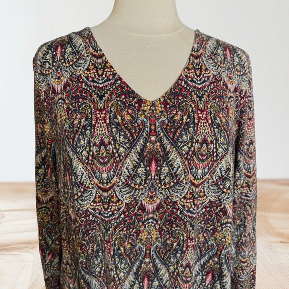 J. Jill Paisley Tunic Top Blouse Sz Large Cotton Modal Knit V Neck Long Sleeves - Picture 5 of 14